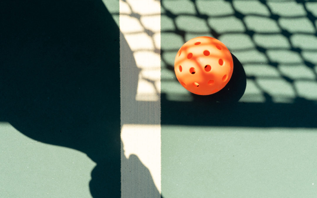 Pickleball and shadow of net and paddle